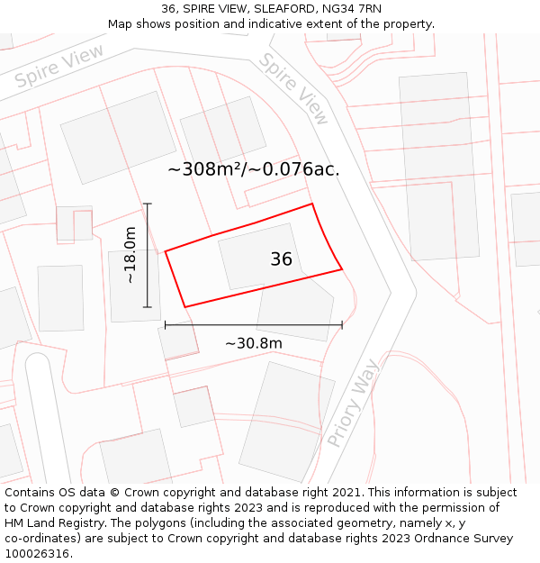36, SPIRE VIEW, SLEAFORD, NG34 7RN: Plot and title map