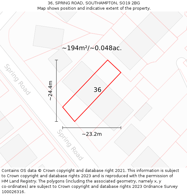 36, SPRING ROAD, SOUTHAMPTON, SO19 2BG: Plot and title map
