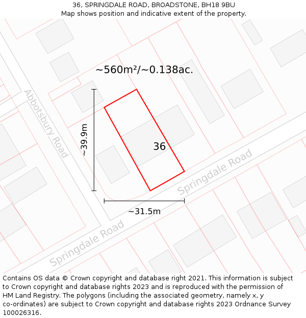 36, SPRINGDALE ROAD, BROADSTONE, BH18 9BU: Plot and title map