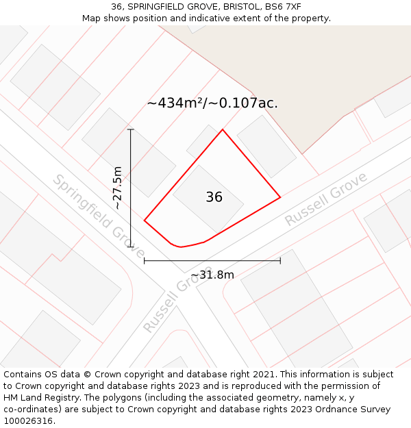 36, SPRINGFIELD GROVE, BRISTOL, BS6 7XF: Plot and title map