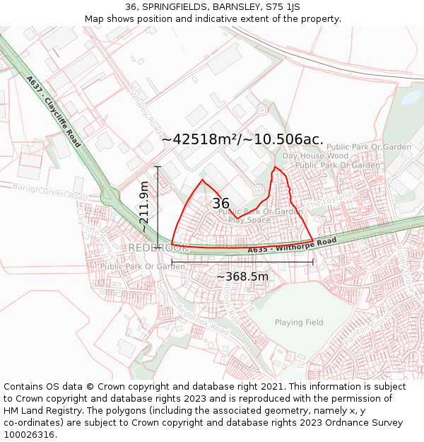 36, SPRINGFIELDS, BARNSLEY, S75 1JS: Plot and title map
