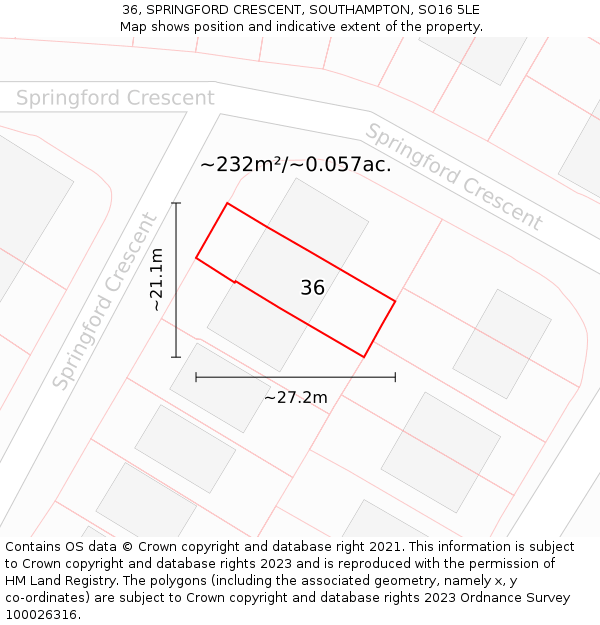 36, SPRINGFORD CRESCENT, SOUTHAMPTON, SO16 5LE: Plot and title map