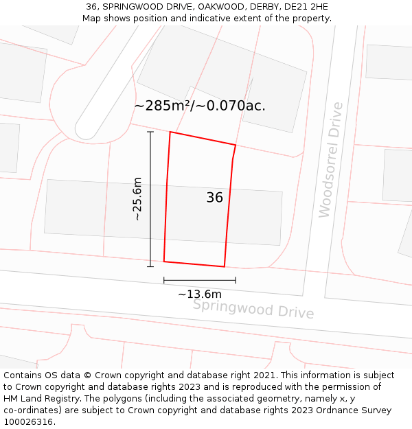 36, SPRINGWOOD DRIVE, OAKWOOD, DERBY, DE21 2HE: Plot and title map