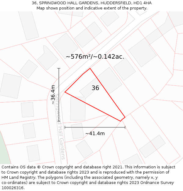 36, SPRINGWOOD HALL GARDENS, HUDDERSFIELD, HD1 4HA: Plot and title map