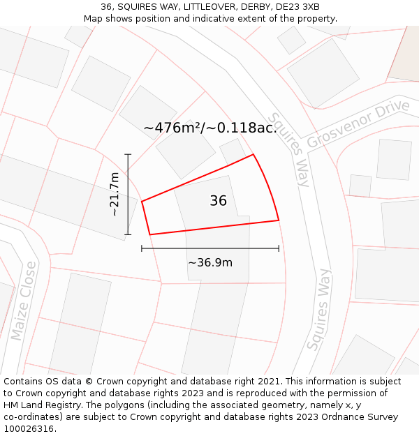 36, SQUIRES WAY, LITTLEOVER, DERBY, DE23 3XB: Plot and title map