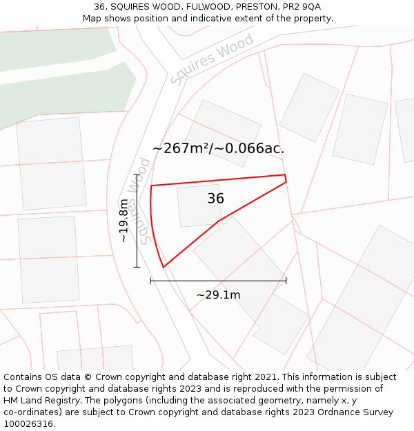 36, SQUIRES WOOD, FULWOOD, PRESTON, PR2 9QA: Plot and title map