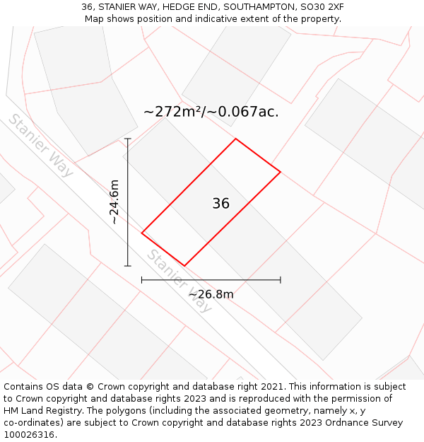 36, STANIER WAY, HEDGE END, SOUTHAMPTON, SO30 2XF: Plot and title map