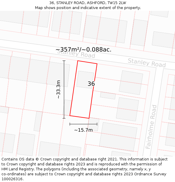 36, STANLEY ROAD, ASHFORD, TW15 2LW: Plot and title map