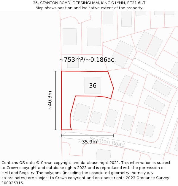 36, STANTON ROAD, DERSINGHAM, KING'S LYNN, PE31 6UT: Plot and title map