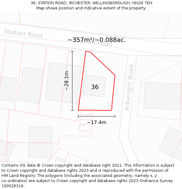 36, STATION ROAD, IRCHESTER, WELLINGBOROUGH, NN29 7EN: Plot and title map