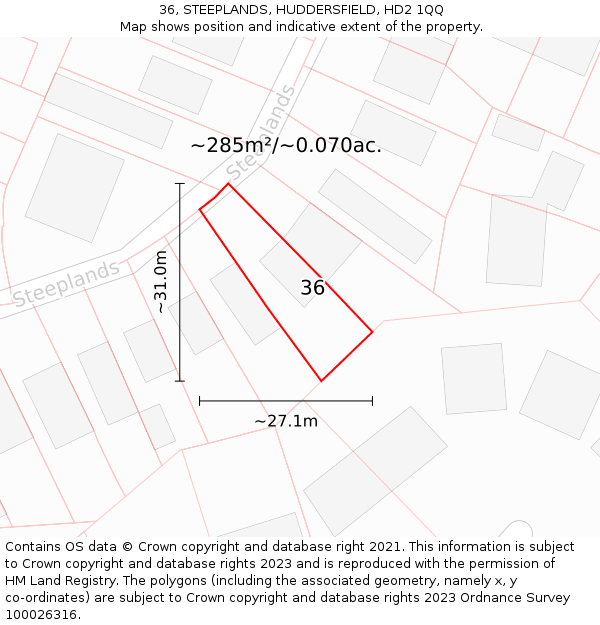 36, STEEPLANDS, HUDDERSFIELD, HD2 1QQ: Plot and title map