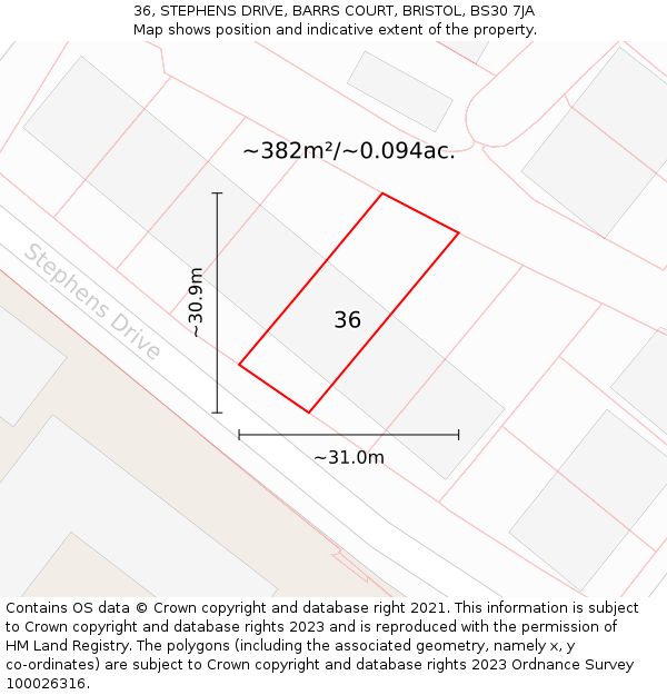 36, STEPHENS DRIVE, BARRS COURT, BRISTOL, BS30 7JA: Plot and title map