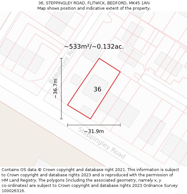 36, STEPPINGLEY ROAD, FLITWICK, BEDFORD, MK45 1AN: Plot and title map