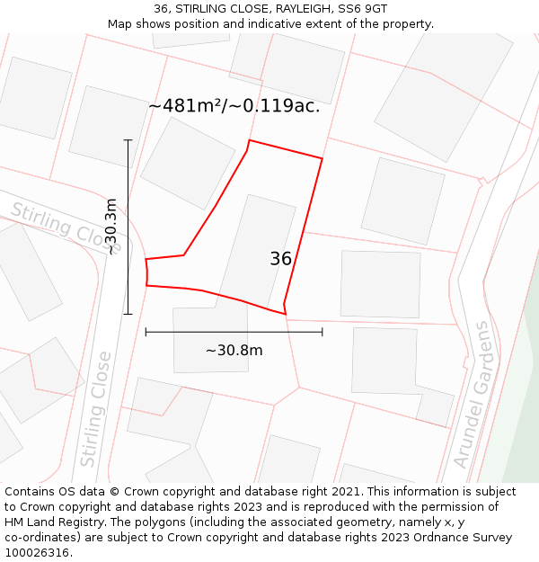 36, STIRLING CLOSE, RAYLEIGH, SS6 9GT: Plot and title map