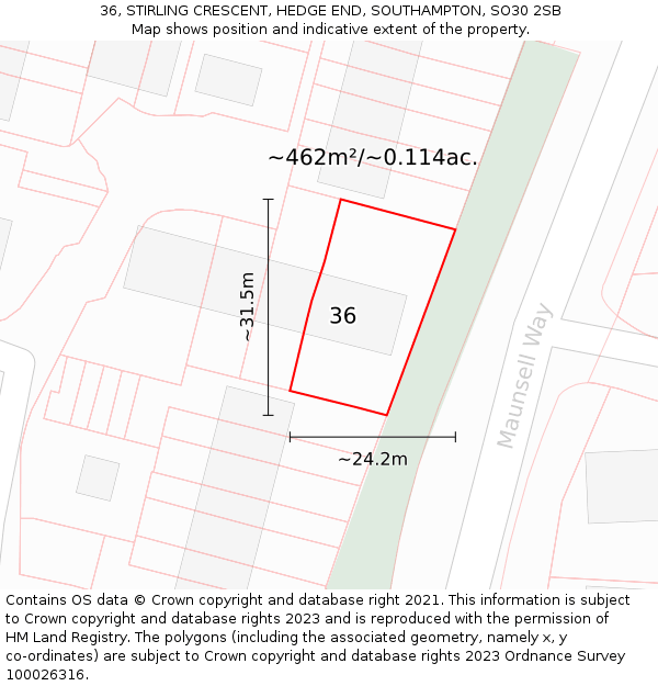 36, STIRLING CRESCENT, HEDGE END, SOUTHAMPTON, SO30 2SB: Plot and title map