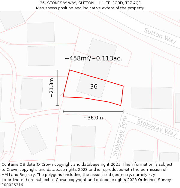 36, STOKESAY WAY, SUTTON HILL, TELFORD, TF7 4QF: Plot and title map