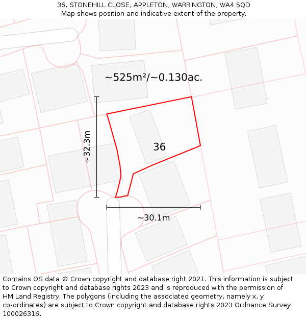 36, STONEHILL CLOSE, APPLETON, WARRINGTON, WA4 5QD: Plot and title map