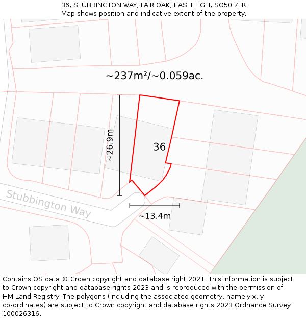 36, STUBBINGTON WAY, FAIR OAK, EASTLEIGH, SO50 7LR: Plot and title map