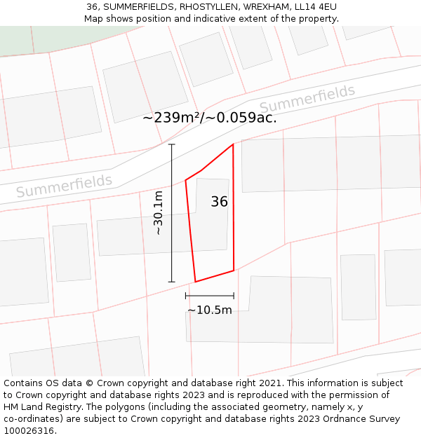 36, SUMMERFIELDS, RHOSTYLLEN, WREXHAM, LL14 4EU: Plot and title map