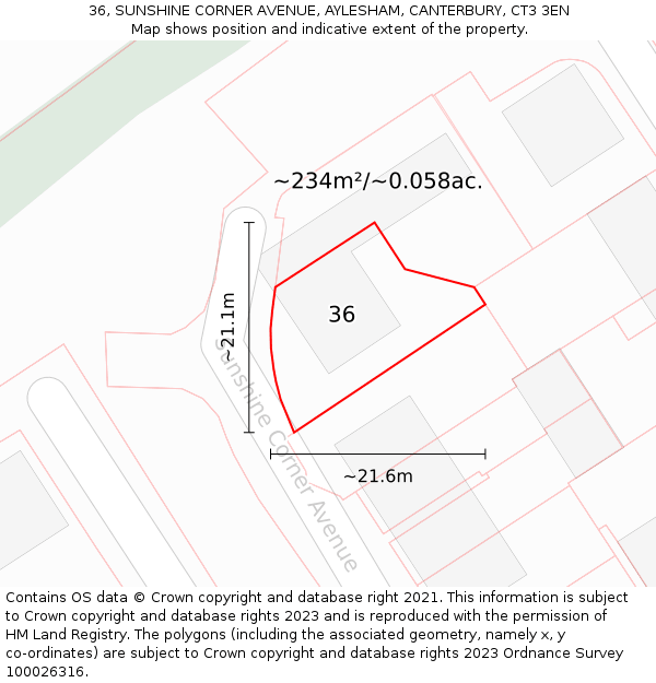 36, SUNSHINE CORNER AVENUE, AYLESHAM, CANTERBURY, CT3 3EN: Plot and title map
