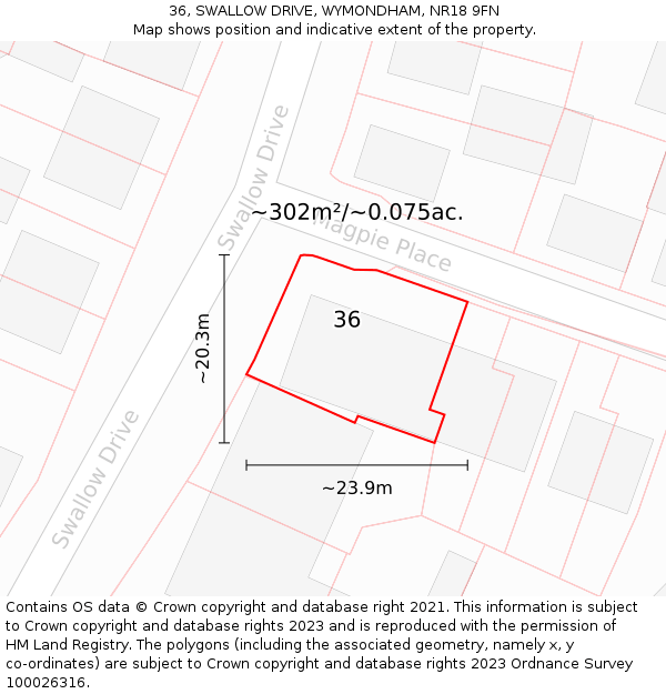 36, SWALLOW DRIVE, WYMONDHAM, NR18 9FN: Plot and title map