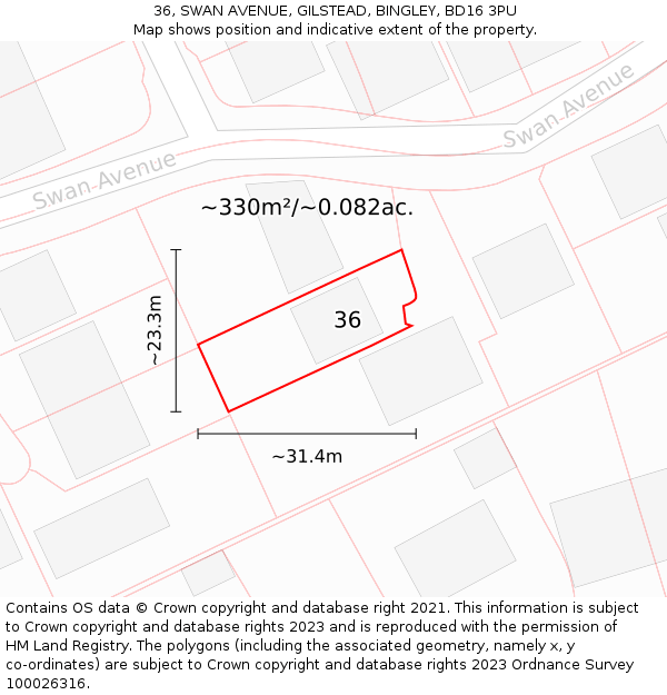 36, SWAN AVENUE, GILSTEAD, BINGLEY, BD16 3PU: Plot and title map