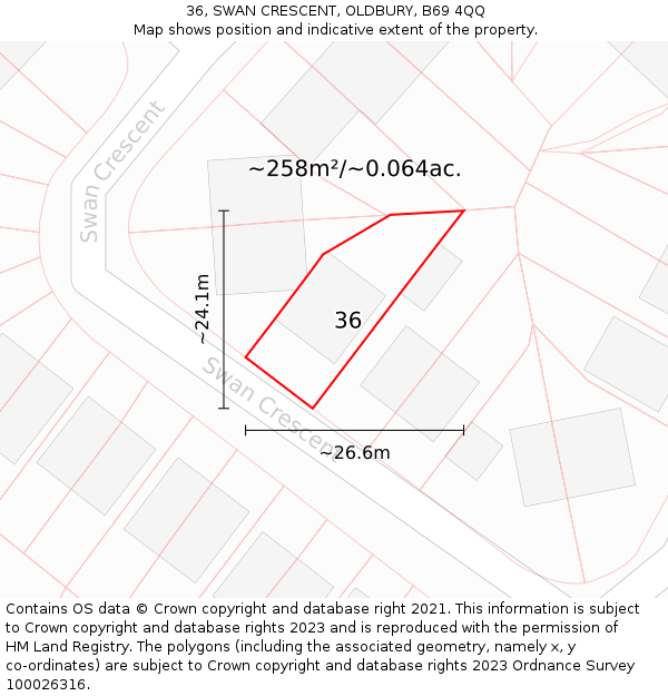 36, SWAN CRESCENT, OLDBURY, B69 4QQ: Plot and title map