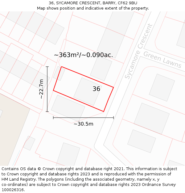 36, SYCAMORE CRESCENT, BARRY, CF62 9BU: Plot and title map