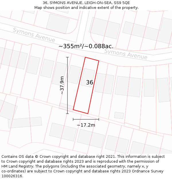 36, SYMONS AVENUE, LEIGH-ON-SEA, SS9 5QE: Plot and title map