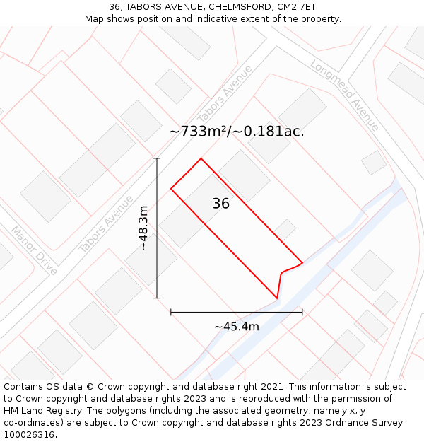 36, TABORS AVENUE, CHELMSFORD, CM2 7ET: Plot and title map
