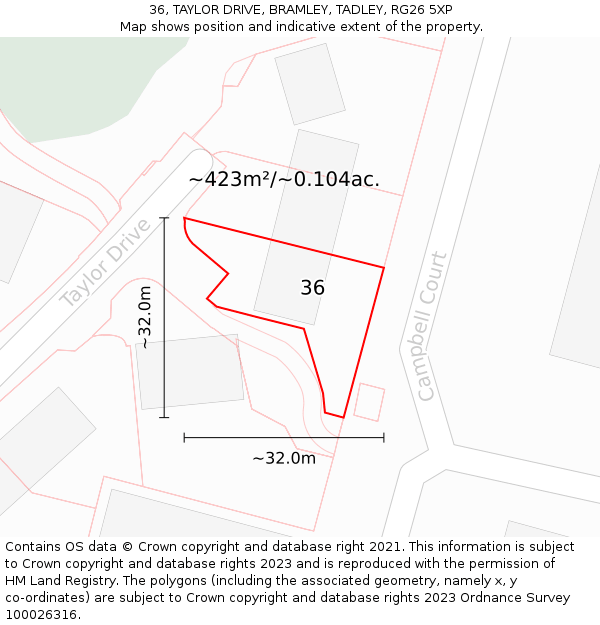 36, TAYLOR DRIVE, BRAMLEY, TADLEY, RG26 5XP: Plot and title map