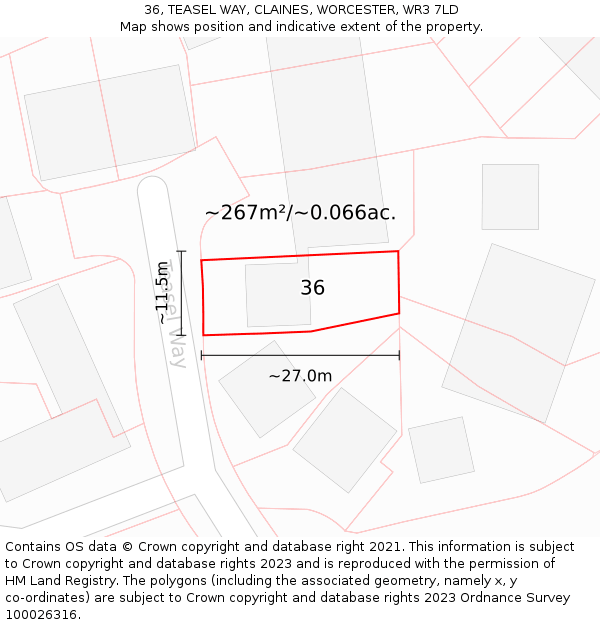 36, TEASEL WAY, CLAINES, WORCESTER, WR3 7LD: Plot and title map