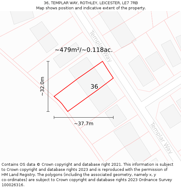 36, TEMPLAR WAY, ROTHLEY, LEICESTER, LE7 7RB: Plot and title map
