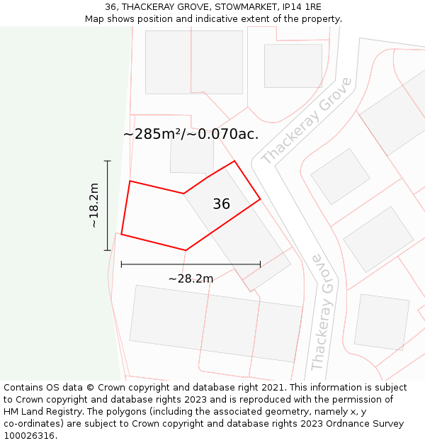 36, THACKERAY GROVE, STOWMARKET, IP14 1RE: Plot and title map