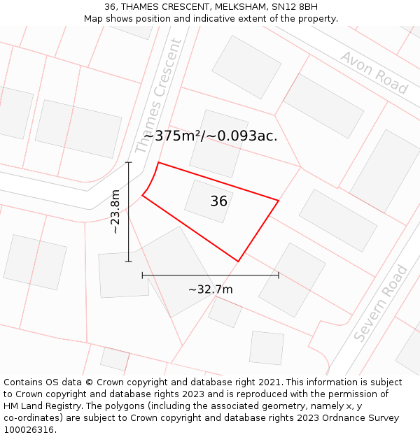 36, THAMES CRESCENT, MELKSHAM, SN12 8BH: Plot and title map