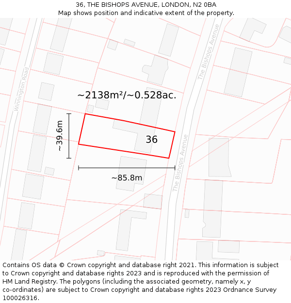 36, THE BISHOPS AVENUE, LONDON, N2 0BA: Plot and title map