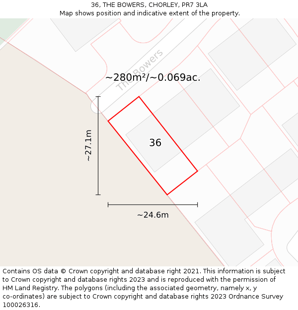 36, THE BOWERS, CHORLEY, PR7 3LA: Plot and title map