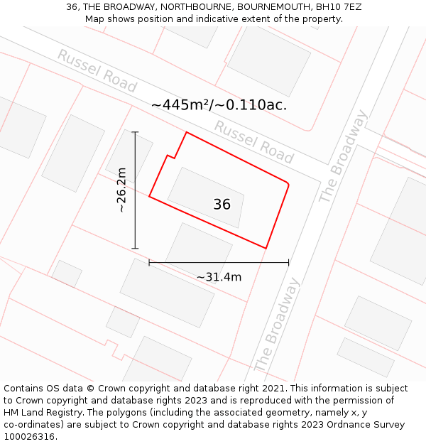 36, THE BROADWAY, NORTHBOURNE, BOURNEMOUTH, BH10 7EZ: Plot and title map