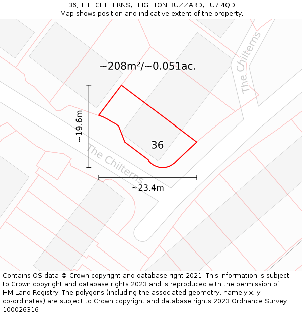 36, THE CHILTERNS, LEIGHTON BUZZARD, LU7 4QD: Plot and title map