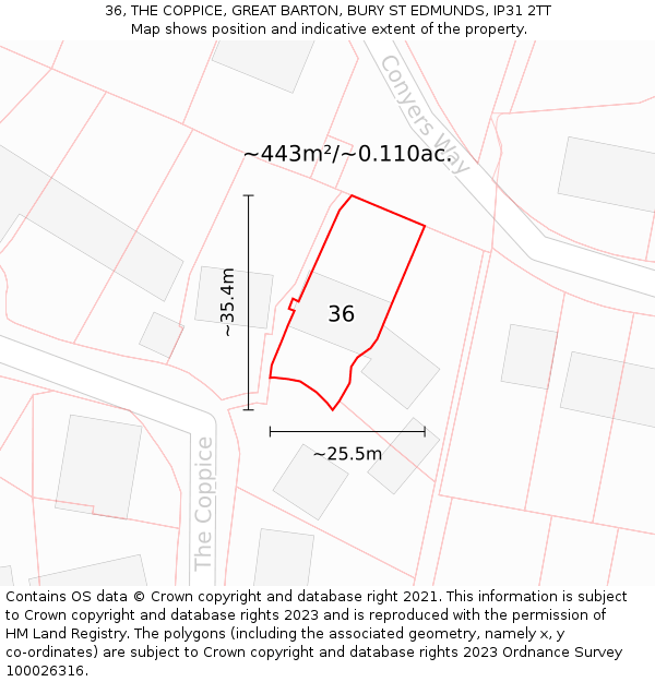 36, THE COPPICE, GREAT BARTON, BURY ST EDMUNDS, IP31 2TT: Plot and title map