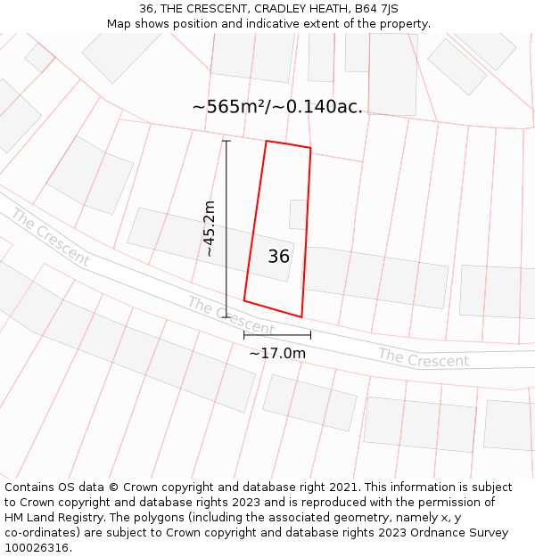 36, THE CRESCENT, CRADLEY HEATH, B64 7JS: Plot and title map