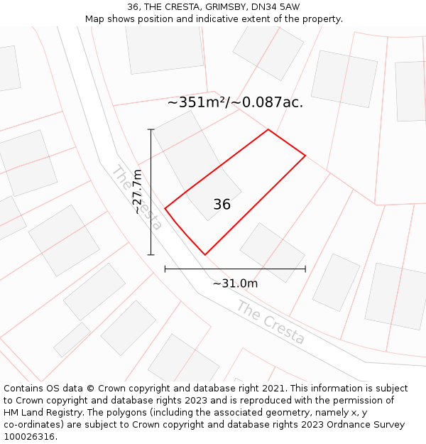 36, THE CRESTA, GRIMSBY, DN34 5AW: Plot and title map