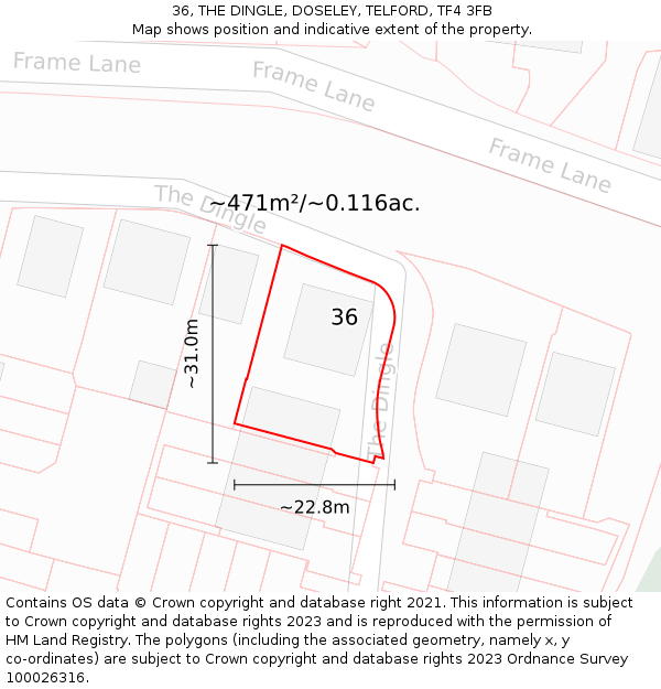 36, THE DINGLE, DOSELEY, TELFORD, TF4 3FB: Plot and title map