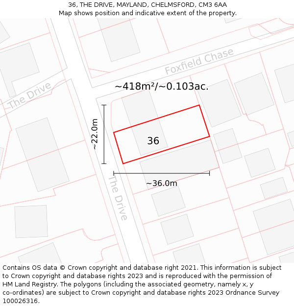 36, THE DRIVE, MAYLAND, CHELMSFORD, CM3 6AA: Plot and title map