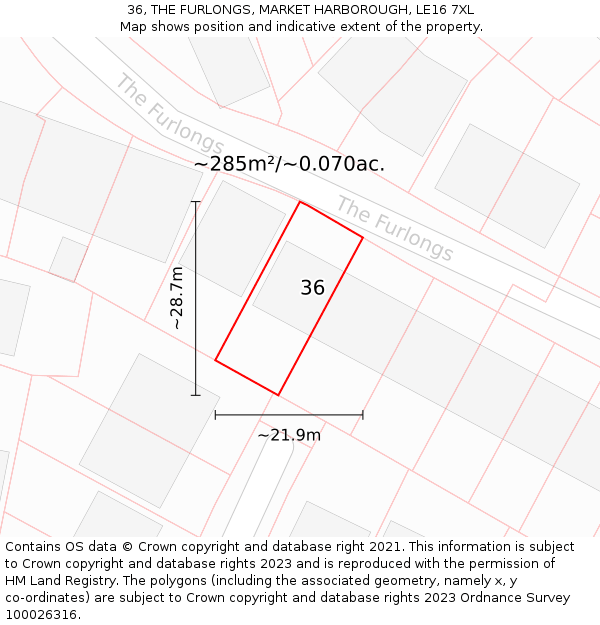 36, THE FURLONGS, MARKET HARBOROUGH, LE16 7XL: Plot and title map