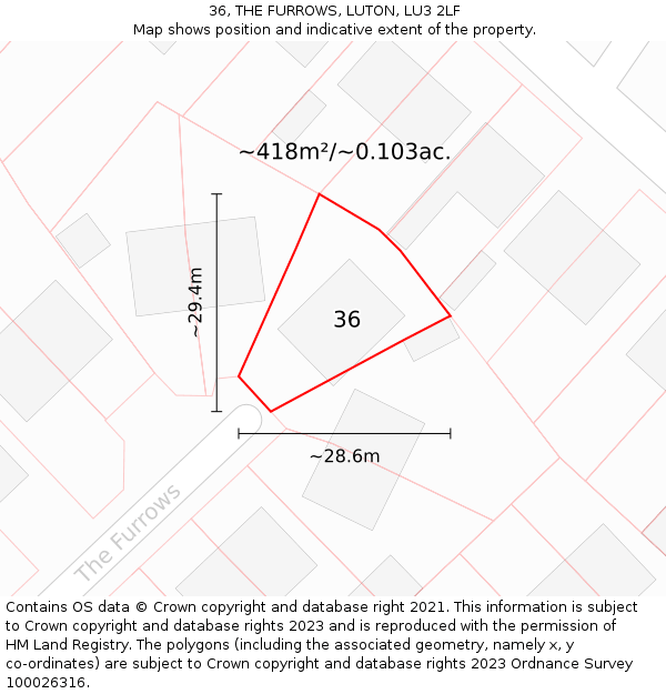 36, THE FURROWS, LUTON, LU3 2LF: Plot and title map