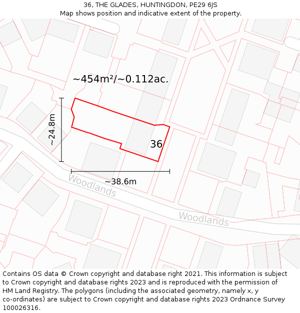 36, THE GLADES, HUNTINGDON, PE29 6JS: Plot and title map