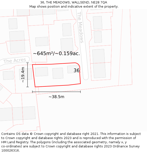 36, THE MEADOWS, WALLSEND, NE28 7QA: Plot and title map