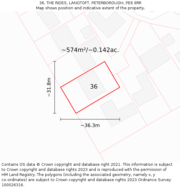 36, THE RIDES, LANGTOFT, PETERBOROUGH, PE6 9RR: Plot and title map