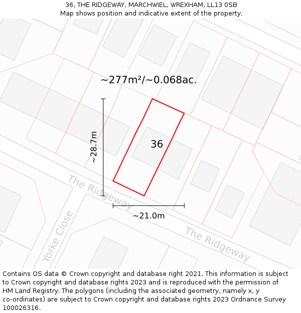 36, THE RIDGEWAY, MARCHWIEL, WREXHAM, LL13 0SB: Plot and title map